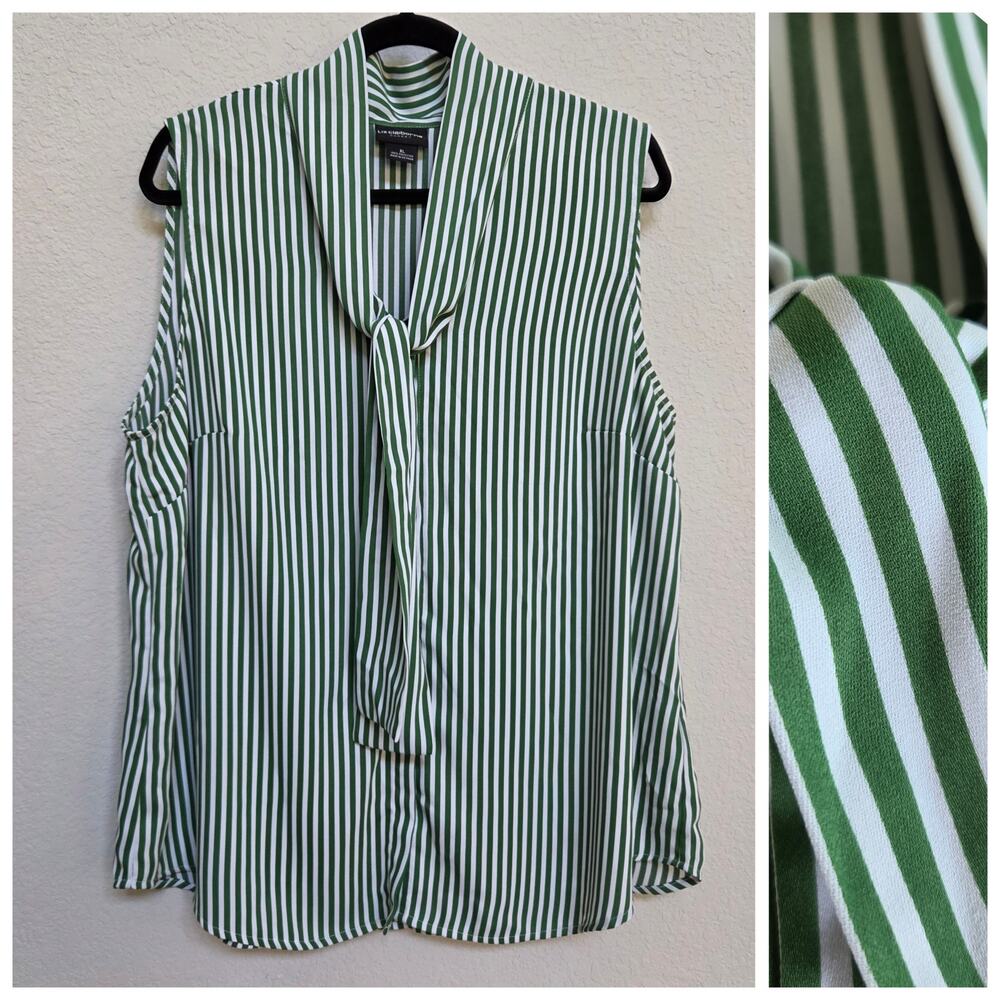 Liz Claiborne Career Women's XL Green Stripe Tie Neck Sleeveless Blouse Office